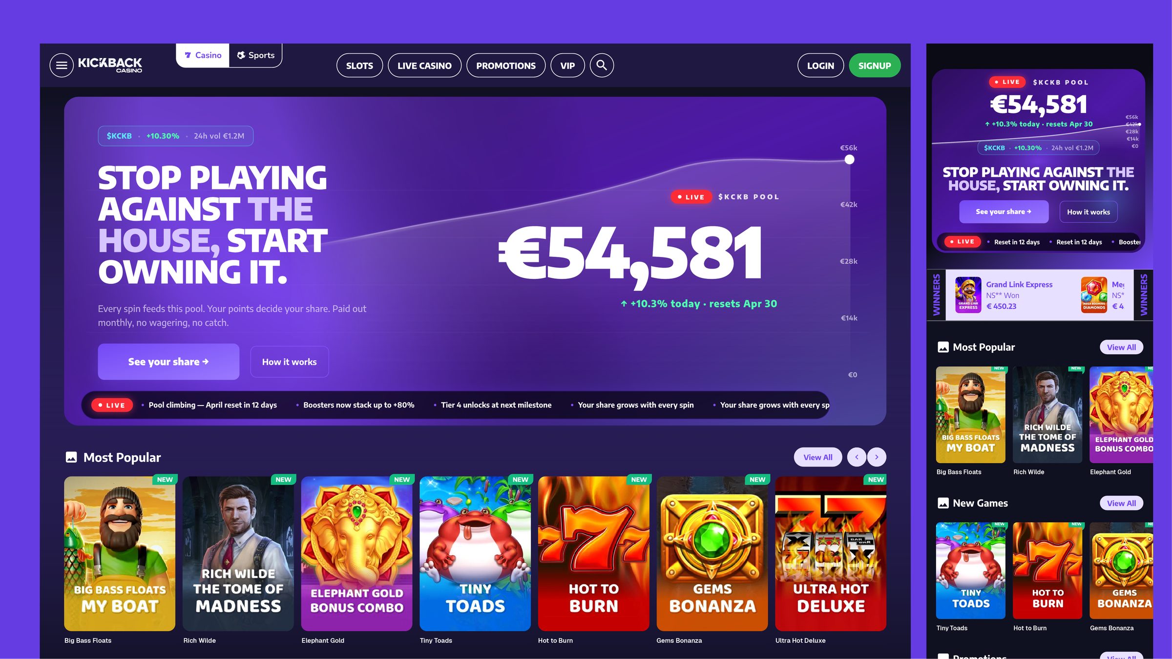 Kickback Casino lobby, desktop and mobile, with the live Kickback Pool hero