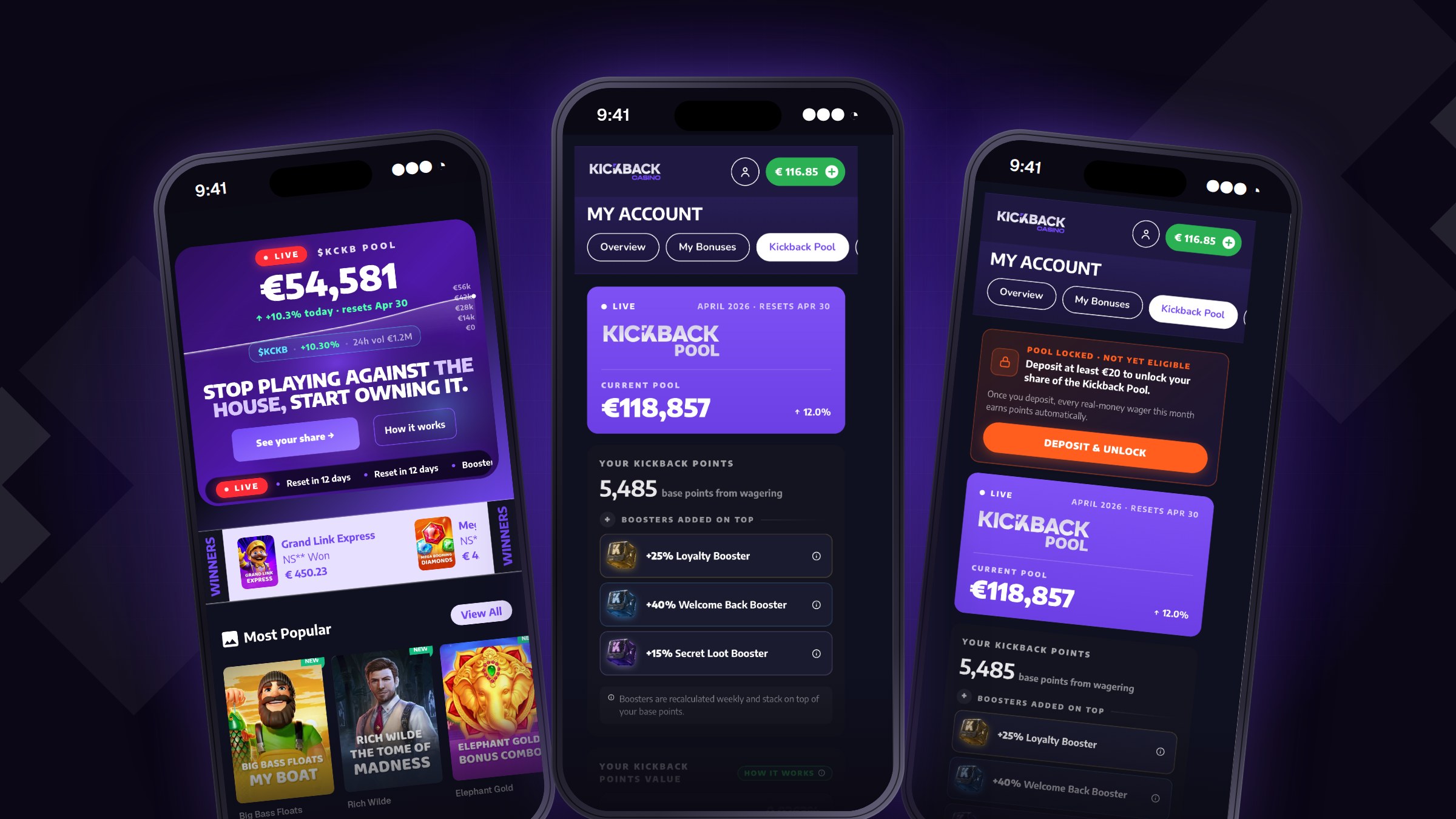 Kickback mobile site: lobby with live pool, My Account Kickback Pool tab, and pool-locked state