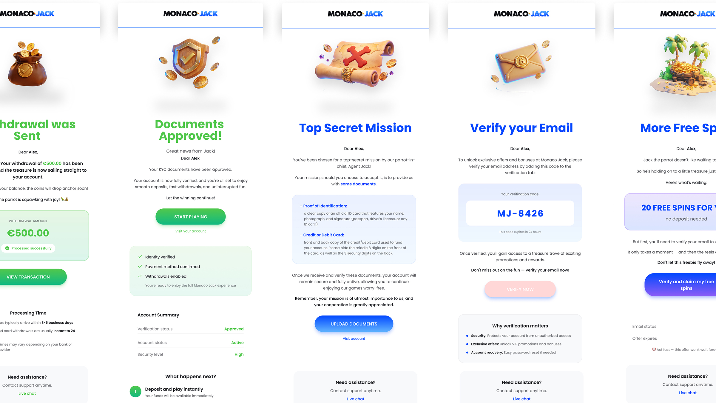 Monaco Jack · CRM email templates — withdrawal, KYC approved, document request, email verification, free spins