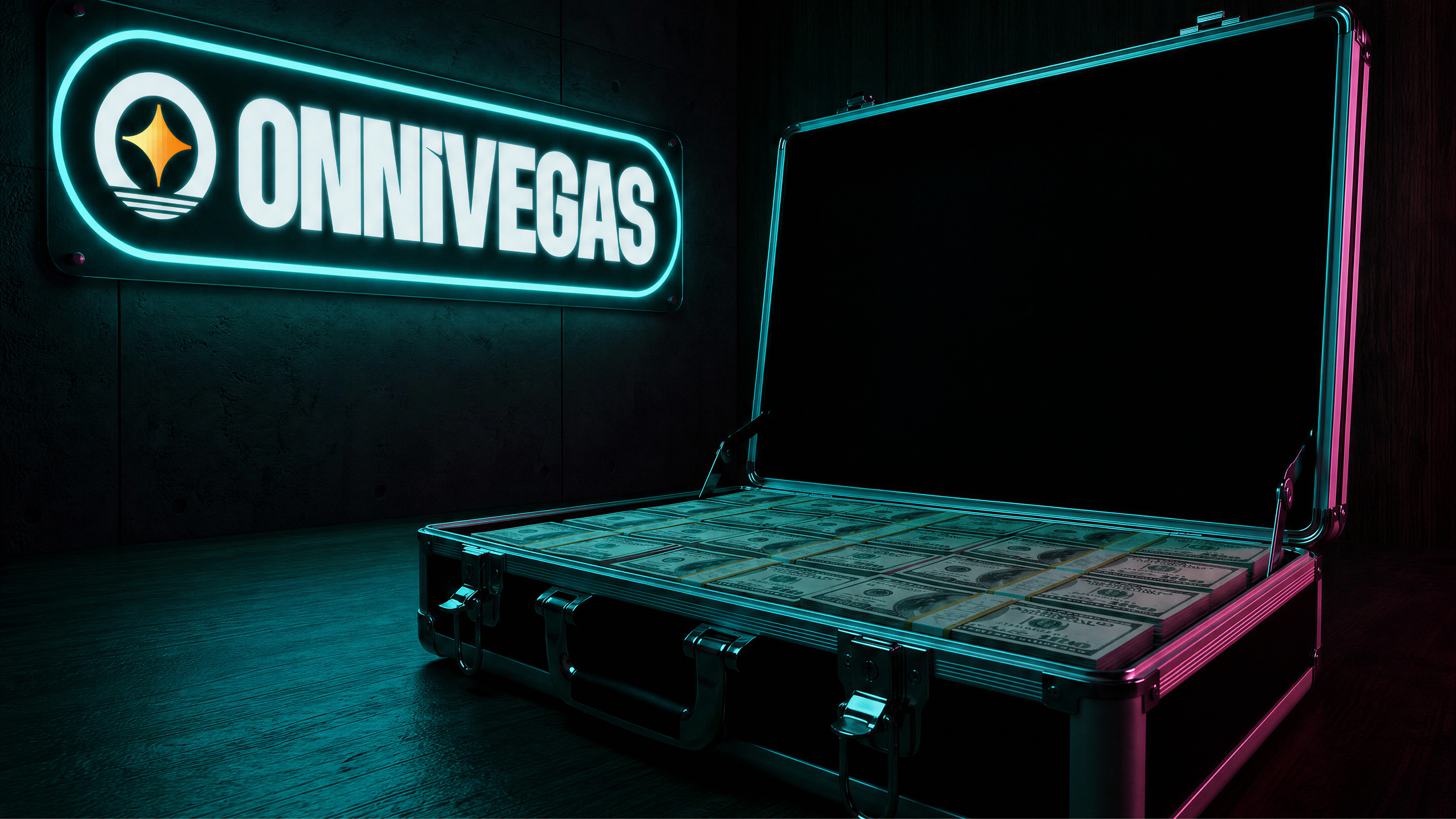 Cash briefcase under neon sign